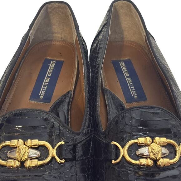 Giorgio Brutini Mens Black Snakeskin Loafers Size 9 Gold Lion Medallion Vintage - Picture 9 of 14